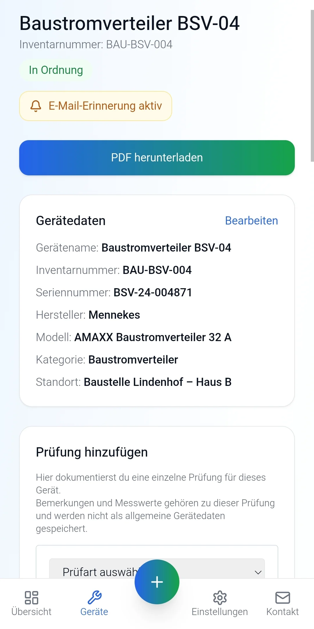 Mobile PrüfCheck Geräteansicht eines Baustromverteilers auf einer Baustelle
