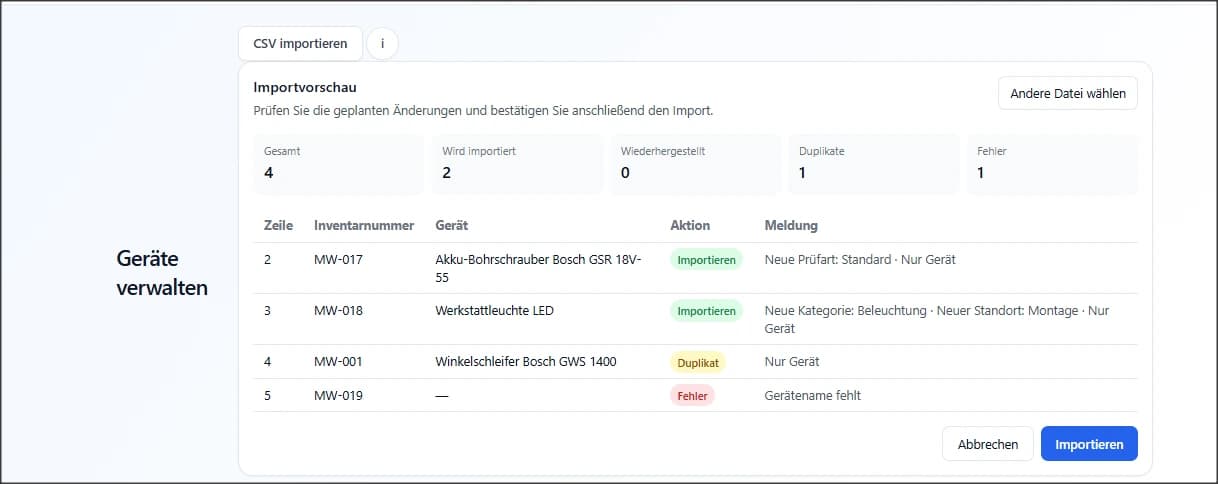 CSV-Importvorschau mit gültigen Geräten, Duplikat und fehlerhafter Zeile