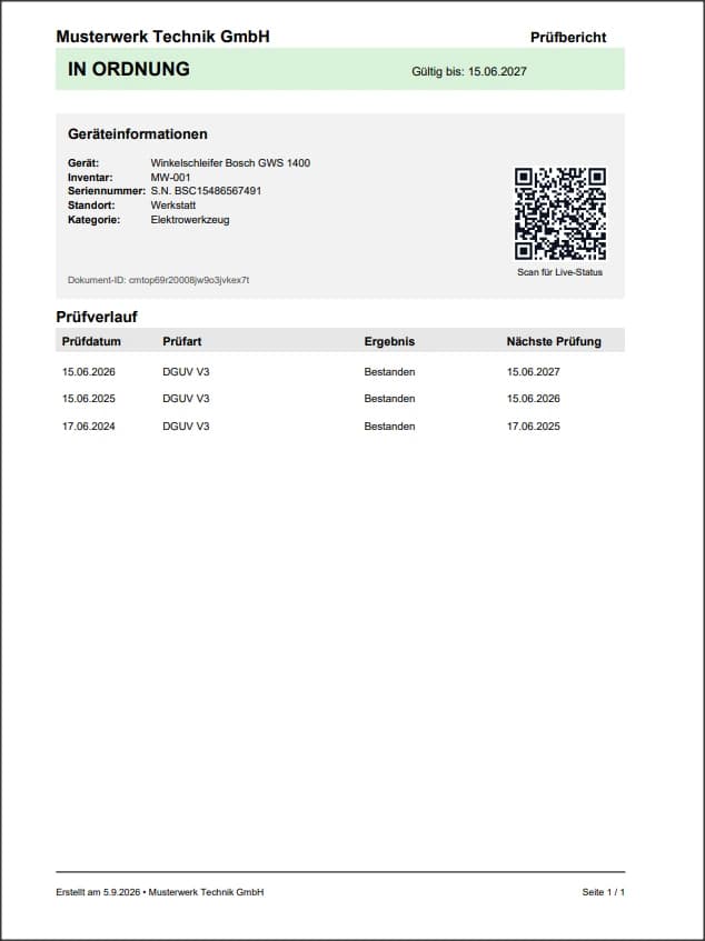 PDF-Gerätebericht mit Gerätestatus, Gerätedaten und Prüfverlauf