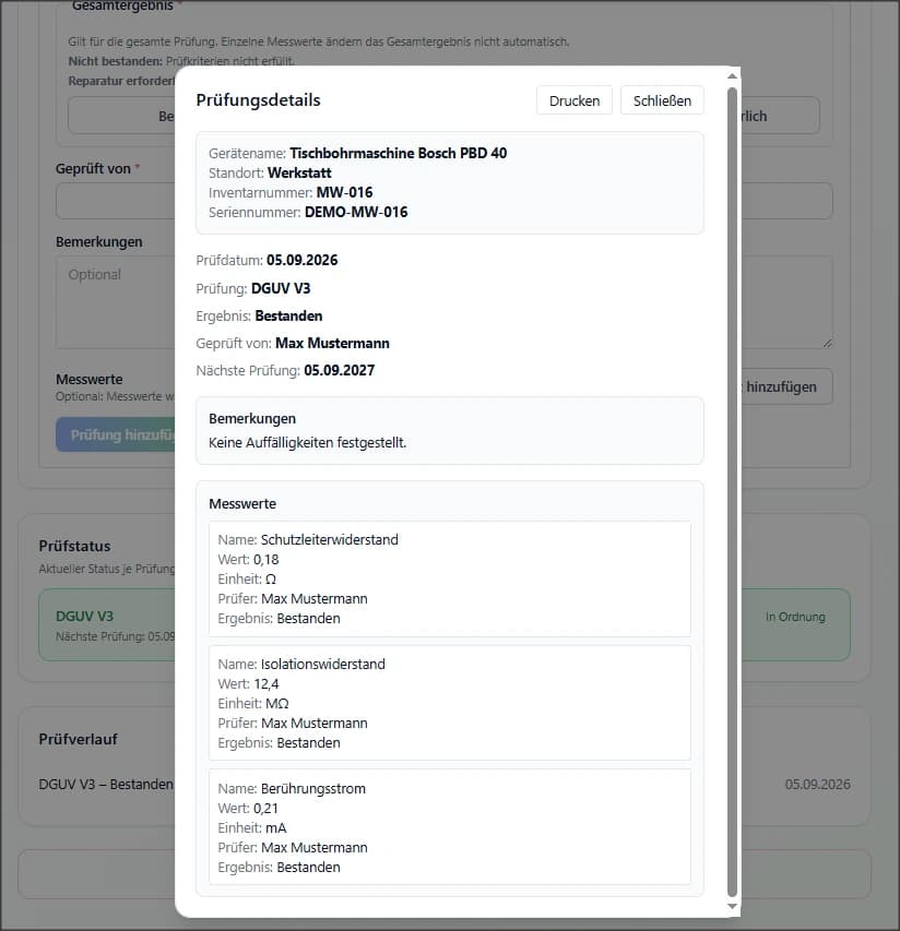 Gespeicherte Prüfungsdetails mit Ergebnis und Messwerten