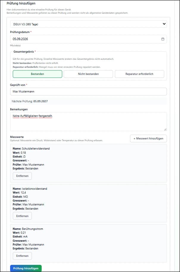 Prüfung mit Ergebnis, Prüfer und Messwerten in PrüfCheck