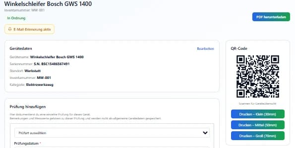 QR-Code auf der Geräteseite mit Optionen zum Drucken