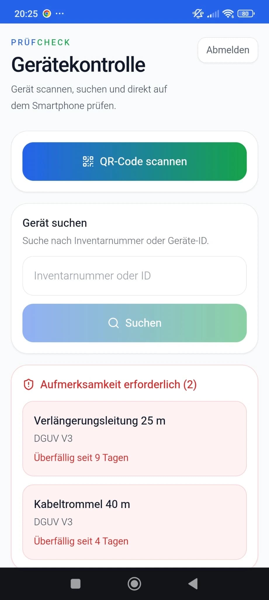 Mobile Gerätekontrolle mit QR-Scanner und Gerätesuche