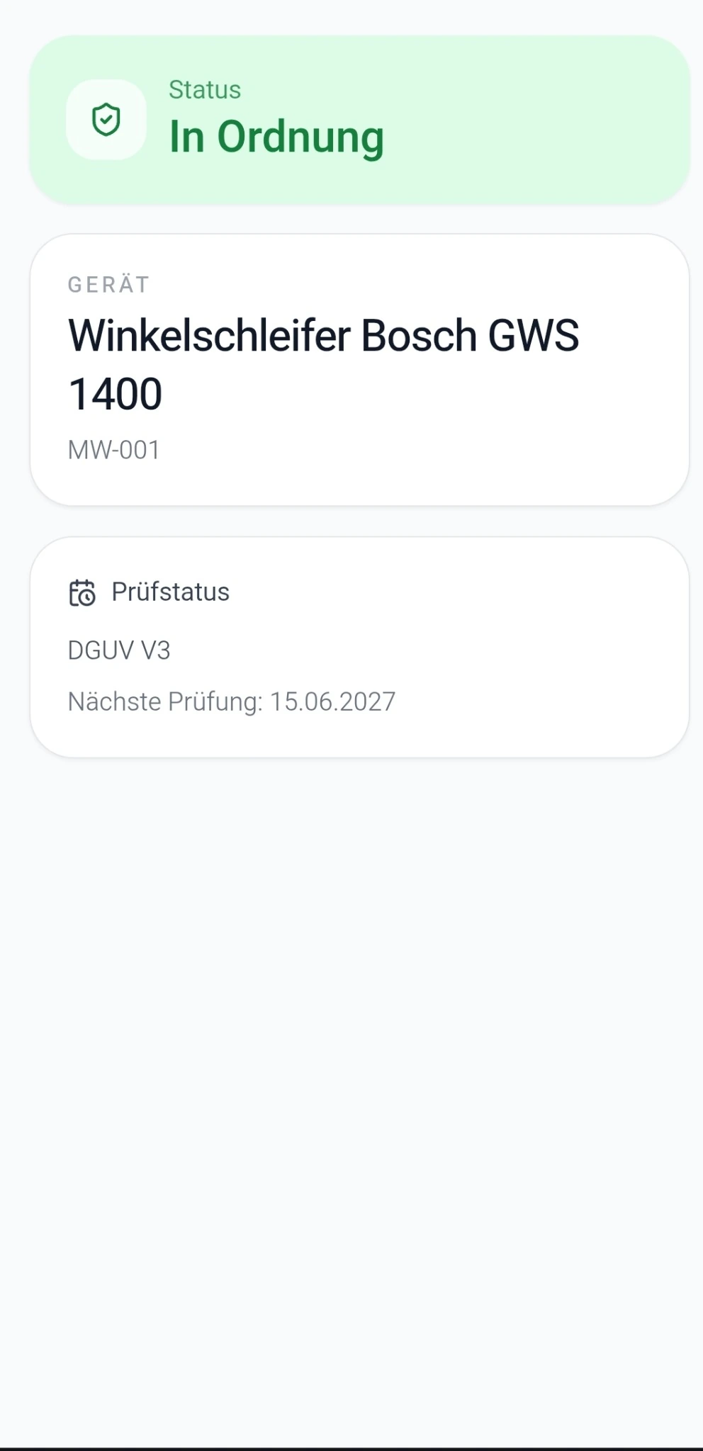 Öffentliche Geräteansicht nach dem Scannen eines PrüfCheck QR-Codes