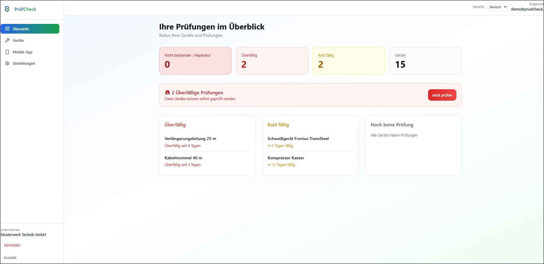 PrüfCheck Dashboard mit fälligen Prüfungen und Gerätestatus