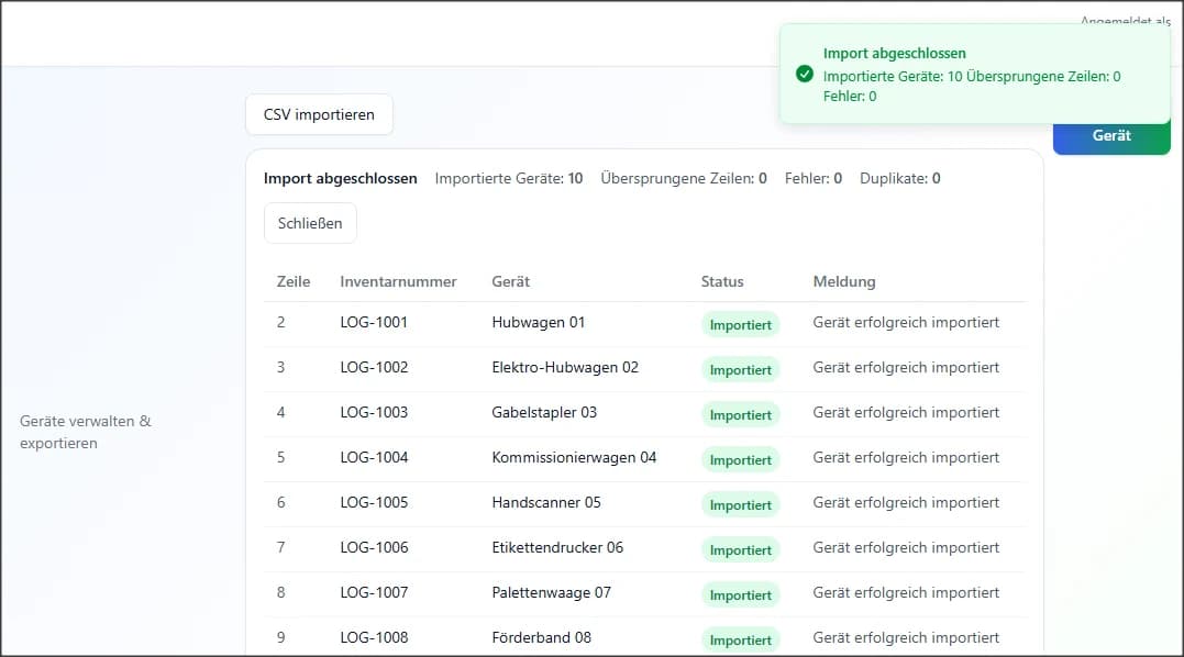 PrüfCheck CSV-Import für Lager und Logistik mit erfolgreich importierten Arbeitsmitteln
