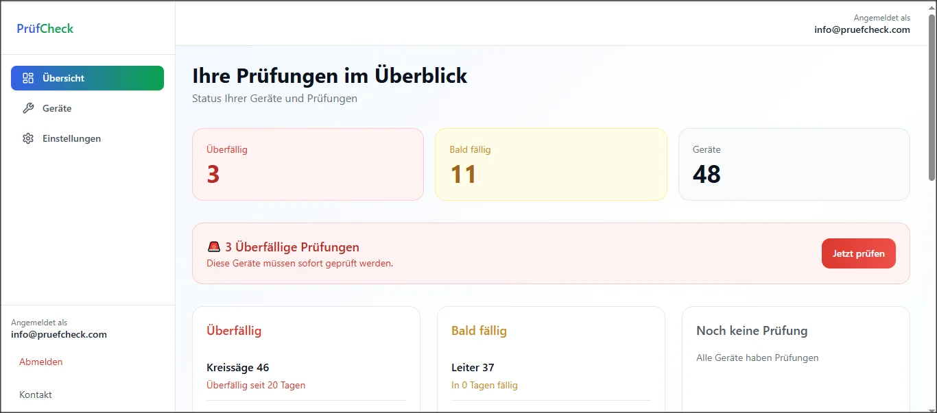 PrüfCheck Dashboard mit überfälligen und bald fälligen Prüfungen sowie dem aktuellen Gerätestatus
