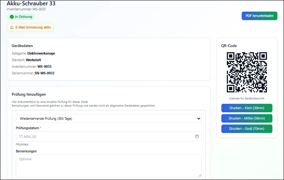 PrüfCheck Geräteansicht eines Akku-Schraubers mit Gerätedaten, Prüfverwaltung und QR-Code