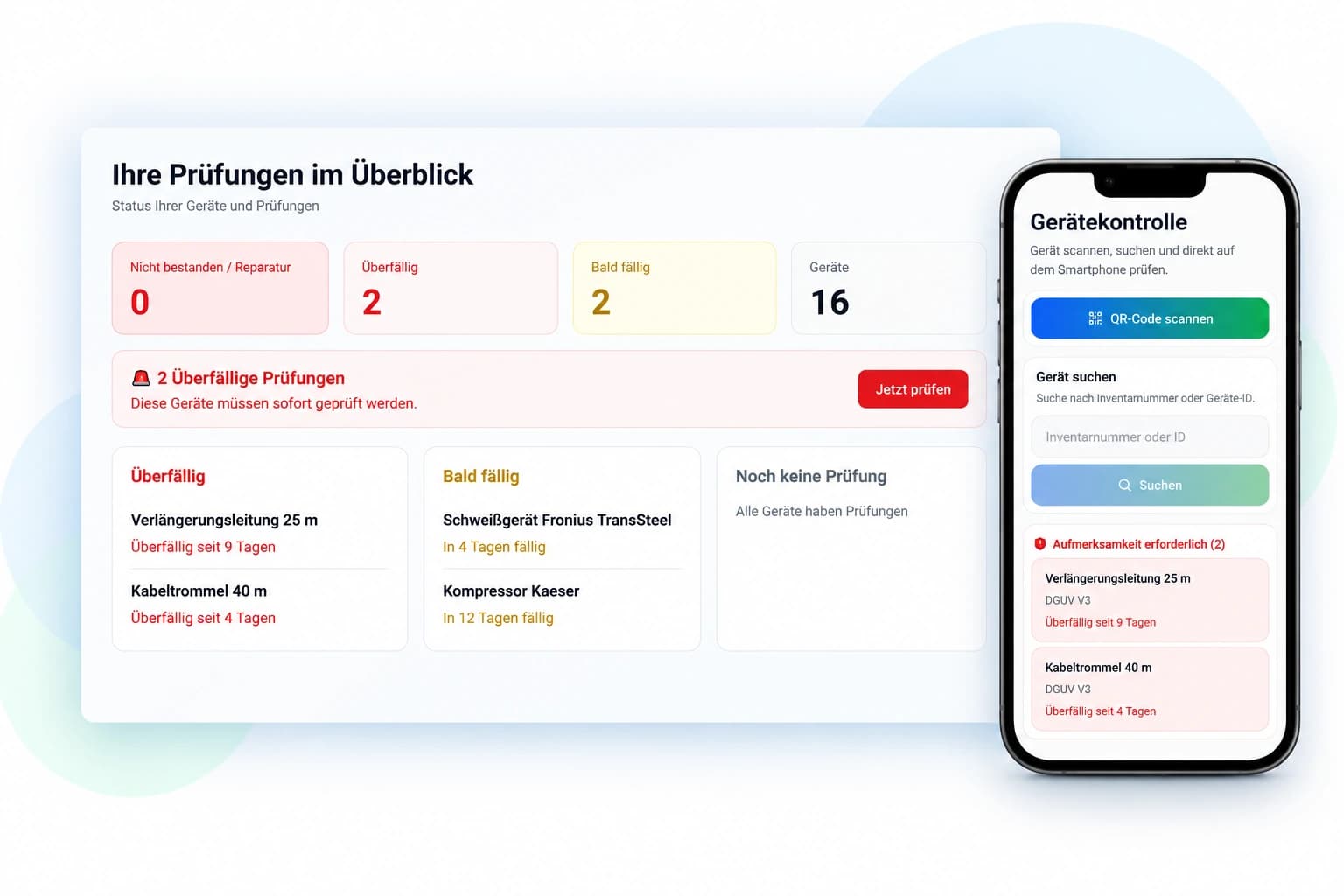 PrüfCheck Dashboard und mobile Gerätekontrolle